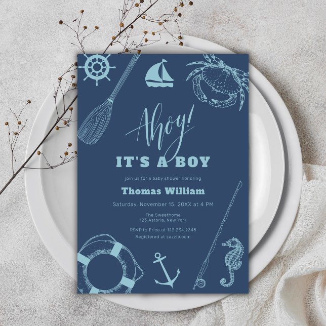 Invitation Baby shower de pêche nautique moderne (Modern Nautical Fishing Boy Baby Shower Invitation)