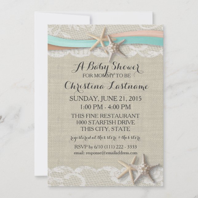 Invitation Baby shower de pêche Starfish et Ribbon Aqua Peach (Devant)