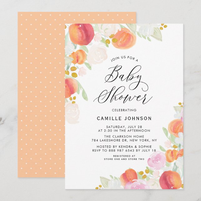 Invitation Baby shower de pêches et de fleurs d'aquarelle (Devant / Derrière)