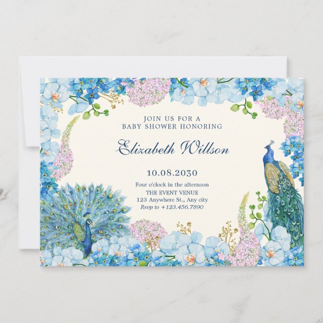 Invitation Baby shower de pecock d'orchidées à fleurs bleues (Devant)