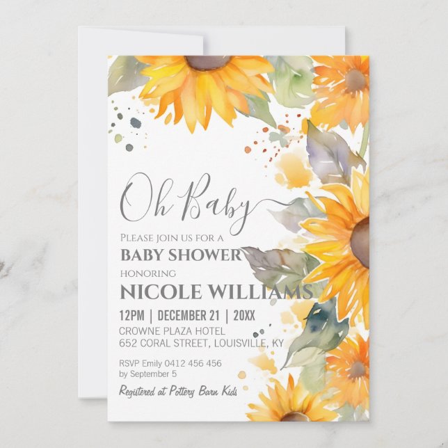 Invitation Baby shower de peinture à l'aquarelle de tournesol (Devant)