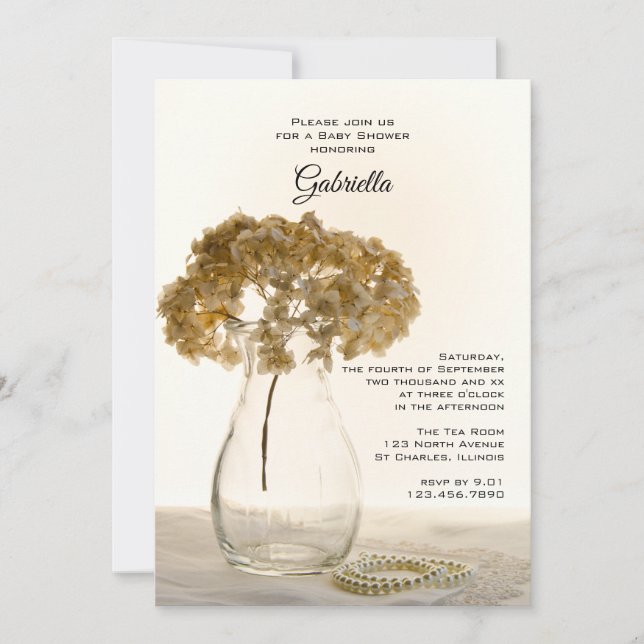 Invitation Baby shower de perles et d'hydrangées séchées (Devant)