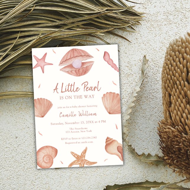 Invitation Baby shower de perles Neutral Summer Ocean Seashel (Neutral Summer Ocean Seashell Pearl Baby Shower Invitation)