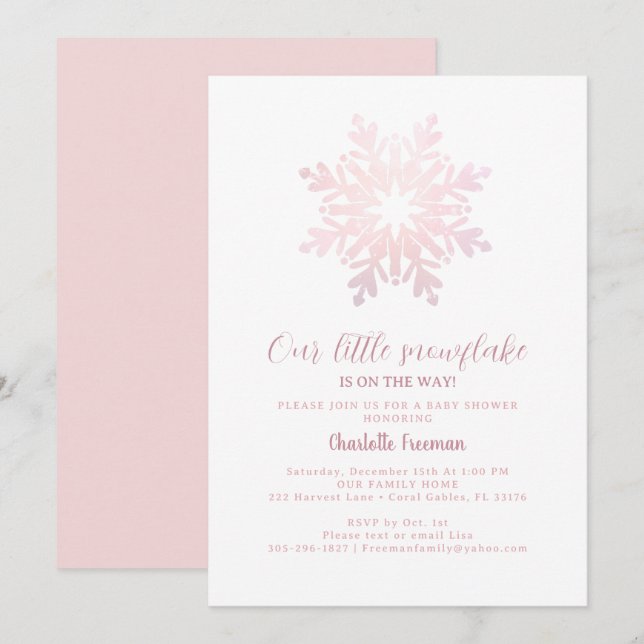 Invitation Baby shower de petit flocon rose (Devant / Derrière)