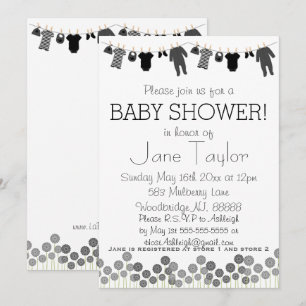 Invitation Baby shower de petits vêtements gris et noirs