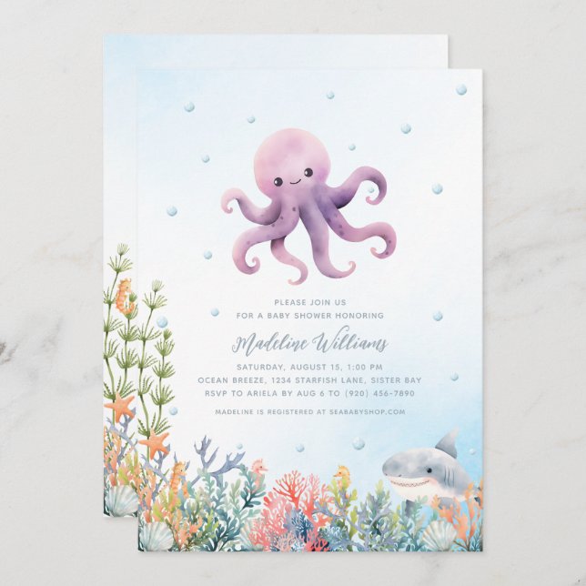 Invitation Baby Shower de Pieuvre Mignonne (Devant / Derrière)