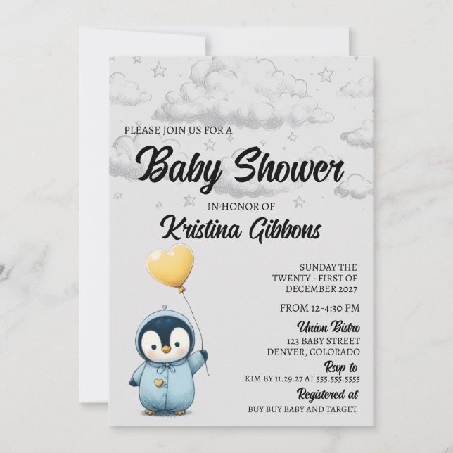 Invitation Baby shower de pingouin (Devant)