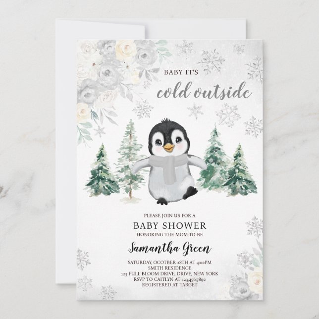 Invitation Baby shower de pingouin argenté neutre pour les ho (Devant)