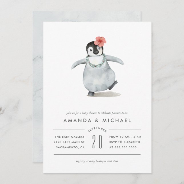 Invitation Baby shower de pingouin d'aquarelle douce (Devant / Derrière)