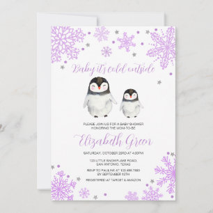 Invitation Baby shower de pingouin de flocons de neige violet
