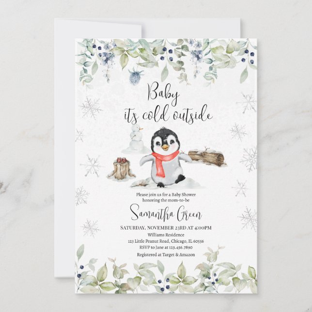 Invitation Baby shower de pingouin d'hiver (Devant)