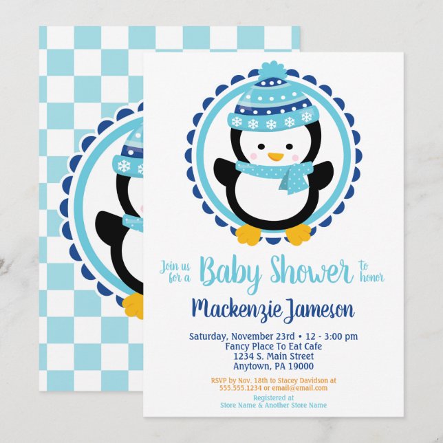 Invitation Baby shower de pingouin d'hiver (Devant / Derrière)