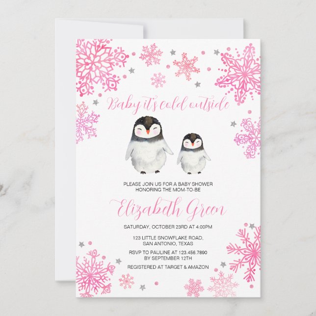Invitation Baby shower de pingouin d'hiver rose (Devant)