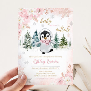 Invitation Baby shower de pingouin d'hiver rose