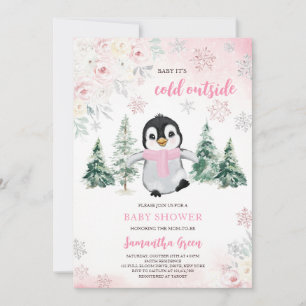 Invitation Baby shower de pingouin d'hiver rose