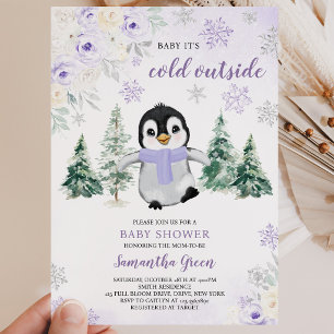 Invitation Baby shower de pingouin d'hiver violet