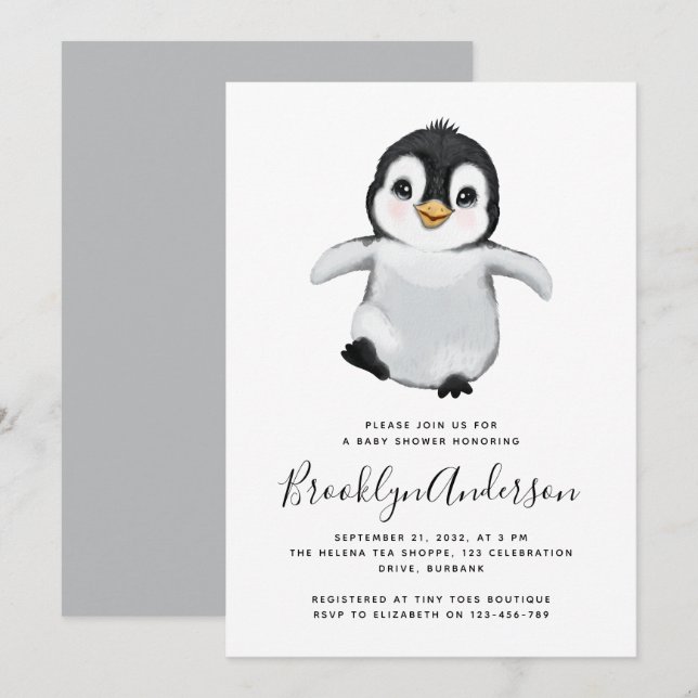 Invitation Baby shower de pingouin gris (Devant / Derrière)