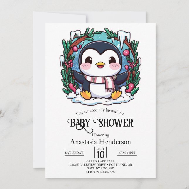 Invitation Baby shower de pingouin mou enchanté (Devant)