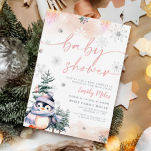 Invitation Baby shower de pingouin rose et roux d'hiver