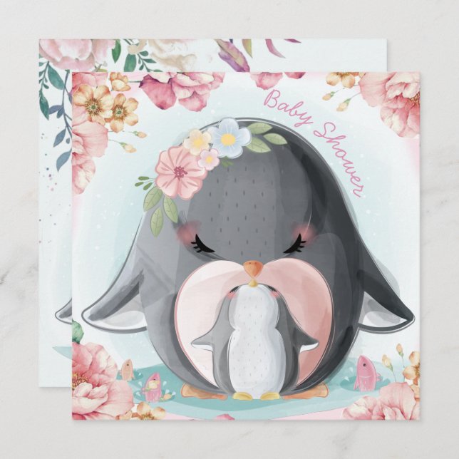 Invitation Baby shower de pingouins (Devant / Derrière)