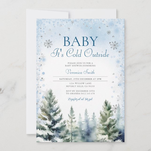 Invitation Baby shower de pins bleus d'hiver Snowflakes (Devant)