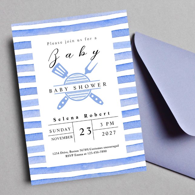 Invitation Baby shower de pique-nique moderne BBQ bleu (Créateur téléchargé)