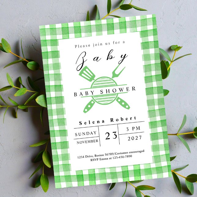 Invitation Baby shower de pique-nique rustique BBQ vert (Créateur téléchargé)