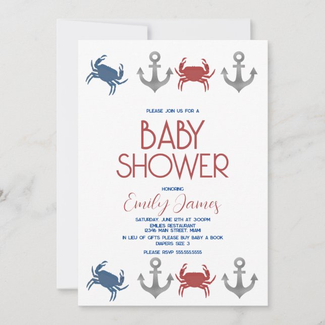 Invitation Baby shower de plage Ancre de crabe nautique (Devant)