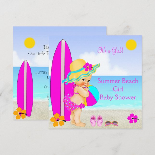 Invitation Baby shower de plage Girl rose Turquoise bleu Sunh (Devant / Derrière)