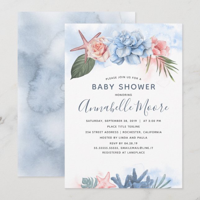 Invitation Baby shower de plage Pastel Pink et Blue (Devant / Derrière)