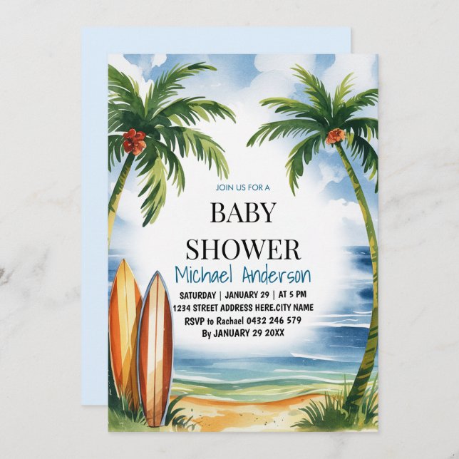 Invitation Baby shower de plage tropicale branchée (Devant / Derrière)