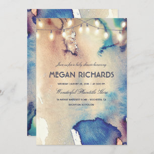 Invitation Baby shower de plage Watercolor String Lights