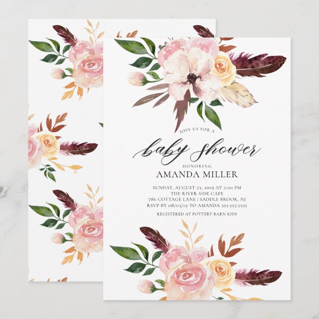 Invitation Baby shower de plumes rose pâle (Devant / Derrière)