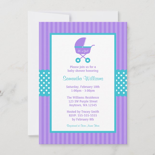 Invitation Baby shower de points rayés de transport Turquoise (Devant)