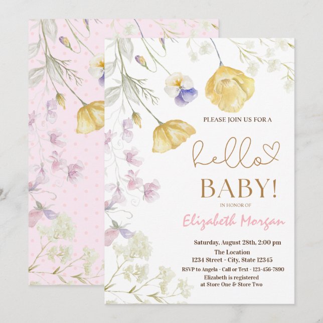 Invitation Baby shower de points roses Fleurs sauvages d'aqua (Devant / Derrière)
