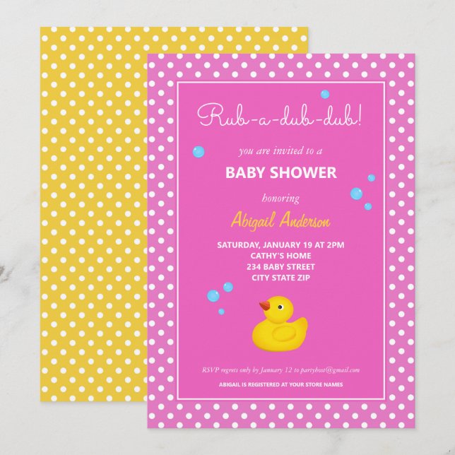 Invitation Baby shower de Pois de canard jaune et rose (Devant / Derrière)