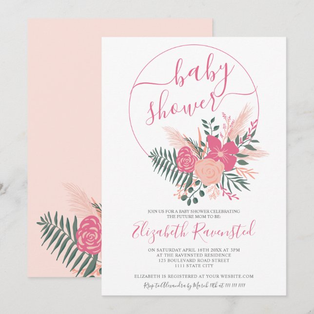 Invitation Baby shower de police de bouquet vert rose moderne (Devant / Derrière)