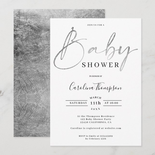 Invitation Baby shower de police élégant en argent moderne (Devant / Derrière)