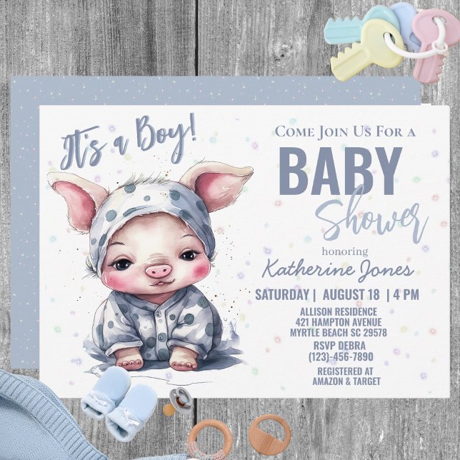 Invitation Baby shower de porc Dusty Blue Boy Farm (Créateur téléchargé)