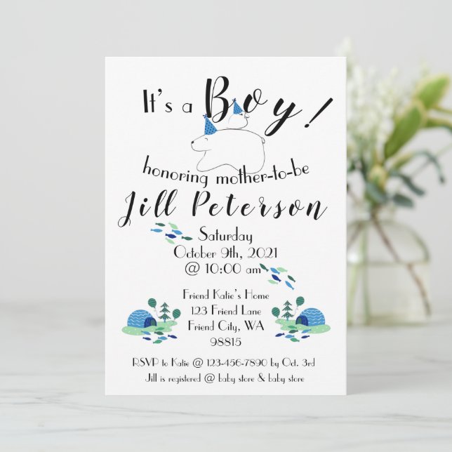 Invitation Baby shower de pouffin et d'ours polair (Debout devant)