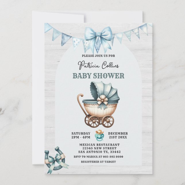 Invitation Baby shower de poussette de cowboy bleu (Devant)