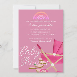Invitation Baby shower de poussette rose arc-en-ciel simple