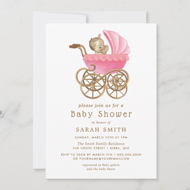 Invitation Baby shower de poussette rose bébé fille Pram (Devant)