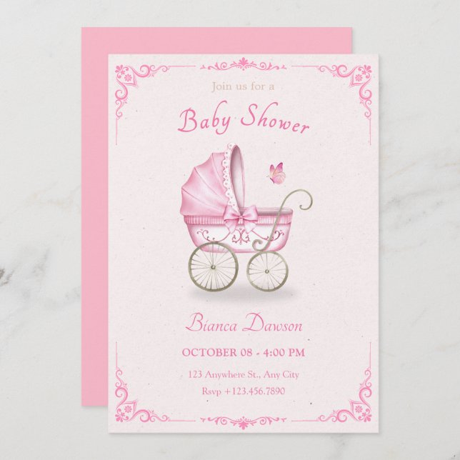 Invitation Baby shower de poussette rose pastel (Devant / Derrière)