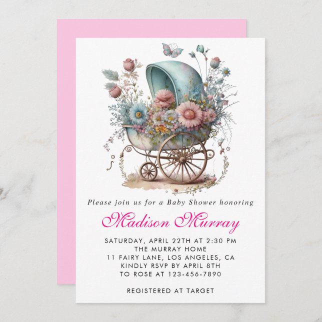 Invitation Baby shower de poussette rose rose rose Fille (Devant / Derrière)
