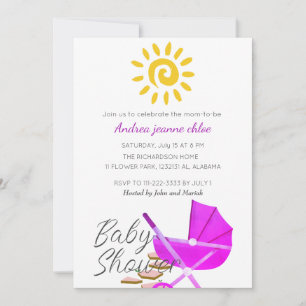 Invitation Baby shower de poussette rose soleil moderne simpl