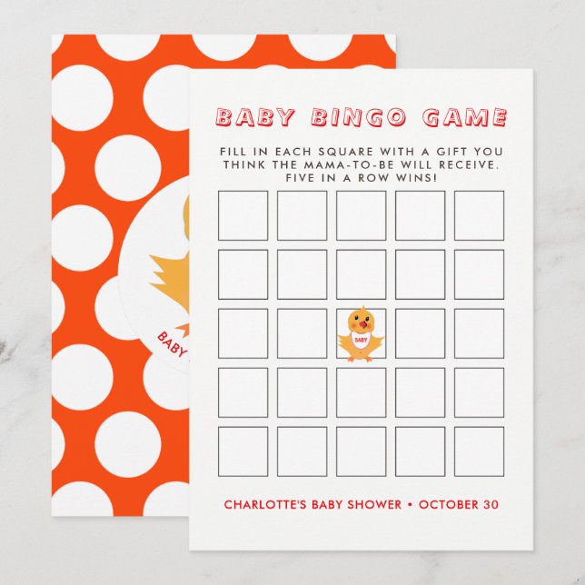 Invitation Baby shower de poussin jaune poule Jeu de Bingo (Devant / Derrière)