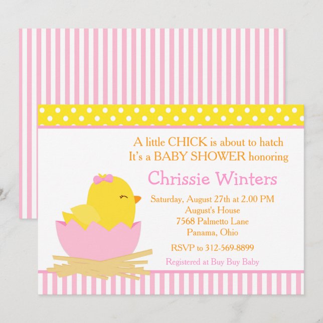 Invitation Baby shower de poussins rose et jaune pour fille (Devant / Derrière)