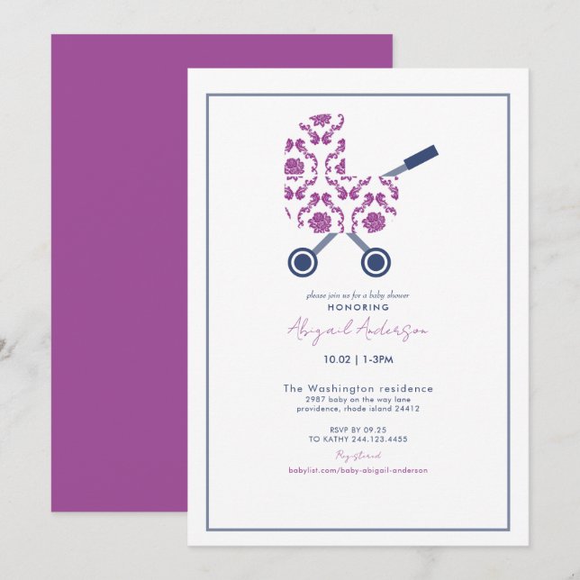 Invitation Baby shower de Pram Damask Magenta & Navy (Devant / Derrière)