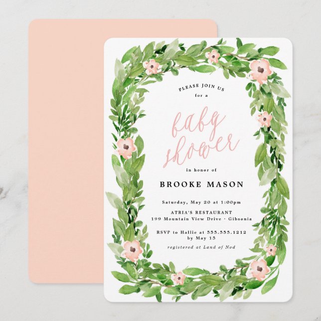 Invitation Baby shower de printemps de la couronne verte Invi (Devant / Derrière)